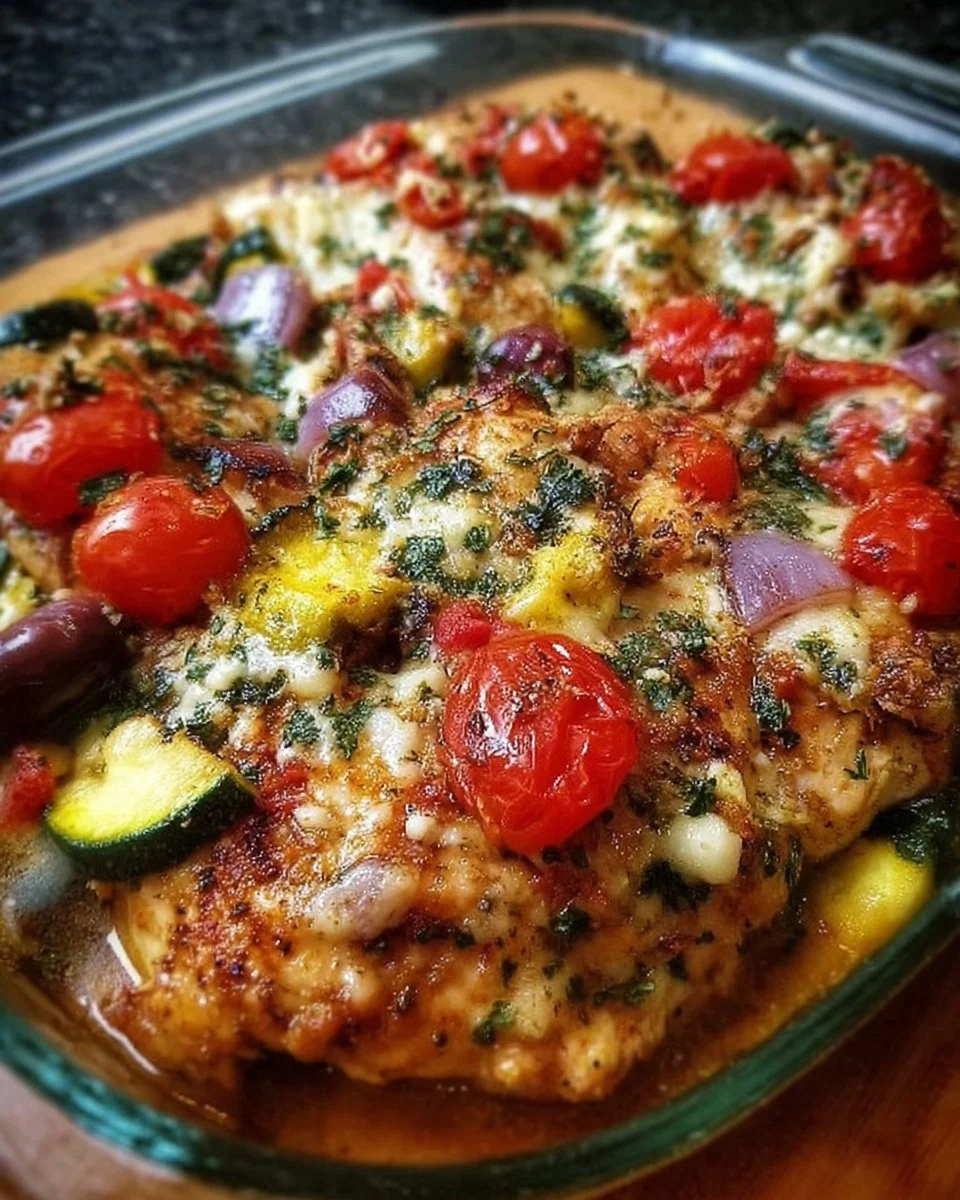 Mediterranean Chicken Zucchini Bake with fresh vegetables and herbs