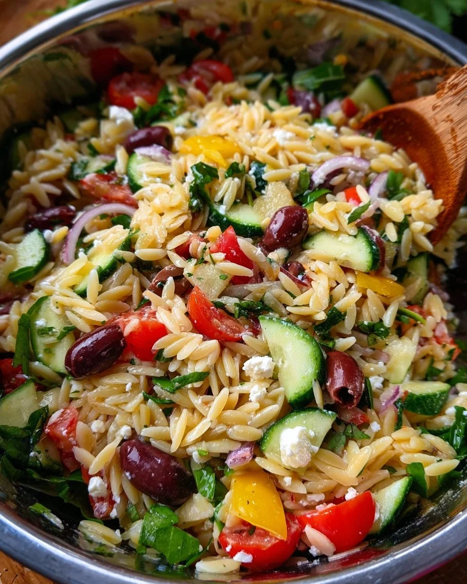 Mediterranean Orzo Pasta Salad with colorful vegetables and herbs
