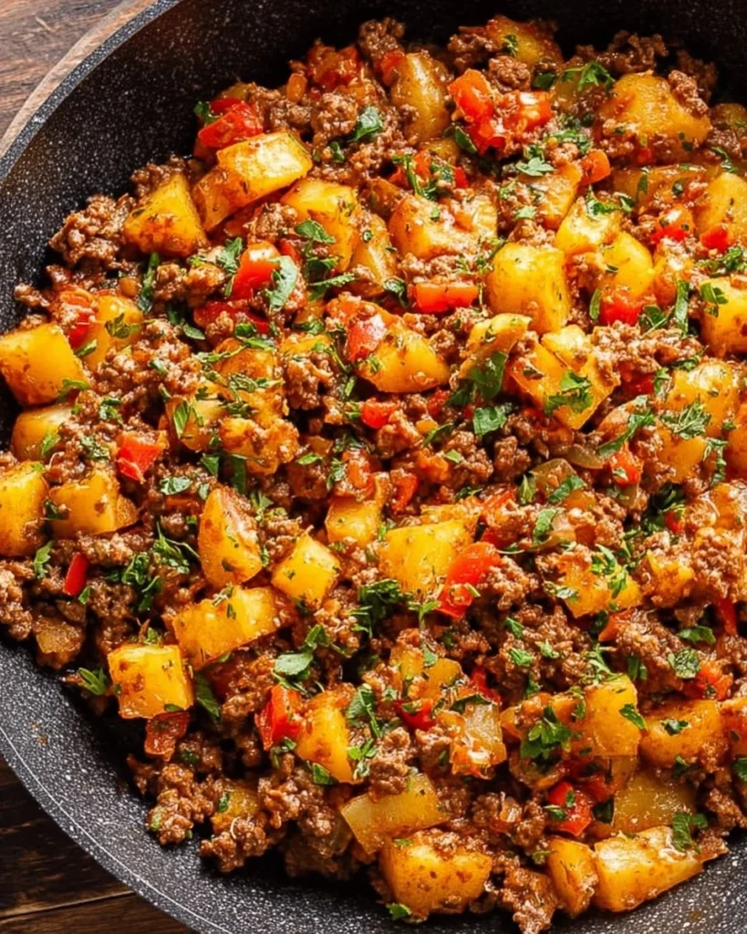 Mexican ground beef and potatoes in a skillet, ready to serve.