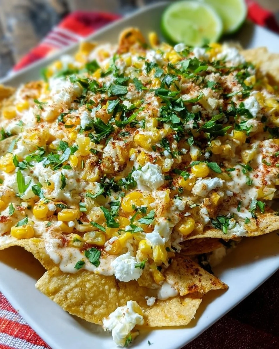 Delicious Mexican Street Corn Nachos topped with cheese, cilantro, and lime.