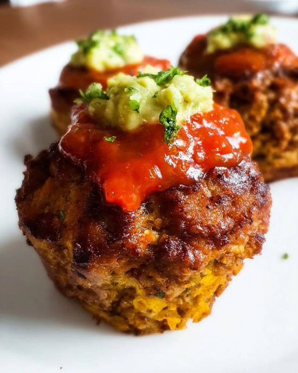 Mini taco meatloaf muffins served on a plate with toppings