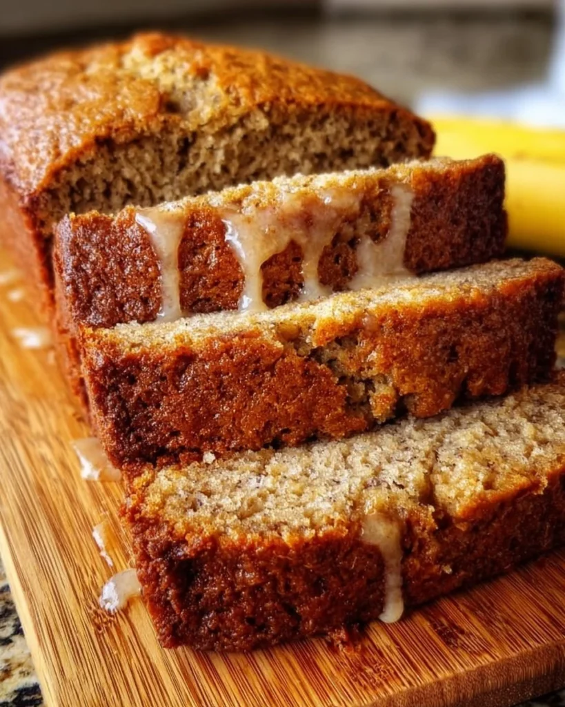 Delicious slice of moist and easy banana bread on a wooden table