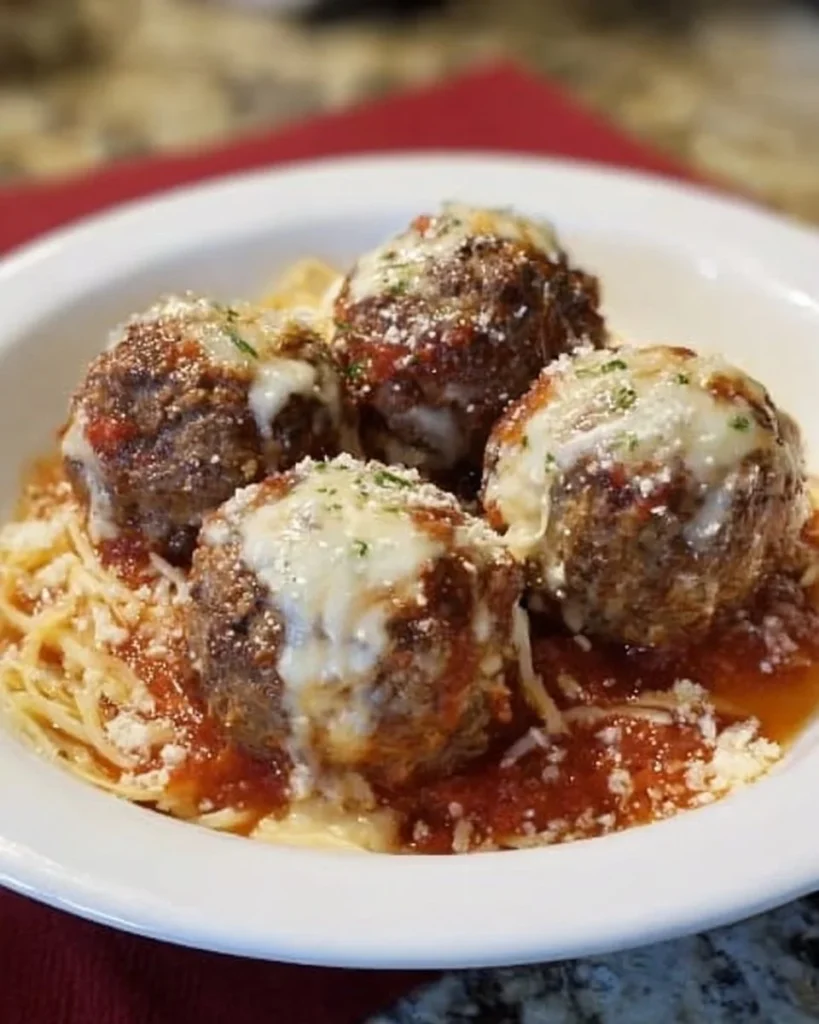 Homemade mozzarella stuffed meatballs ready to serve