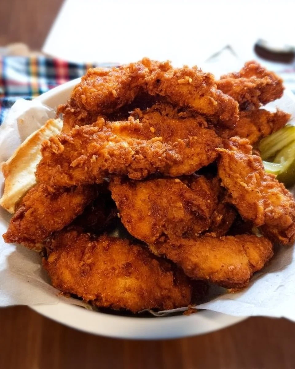 Delicious Nashville hot chicken strips served with spicy sauce