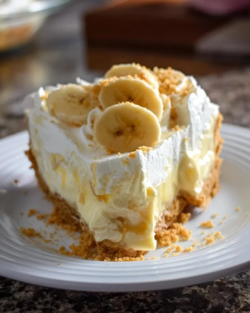 Delicious no bake banana pudding cheesecake topped with whipped cream and banana slices.