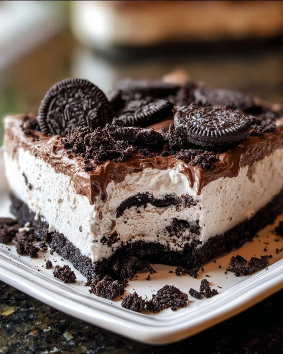 Delicious No-Bake Oreo Yum Yum dessert layered with creamy filling and crushed Oreos.