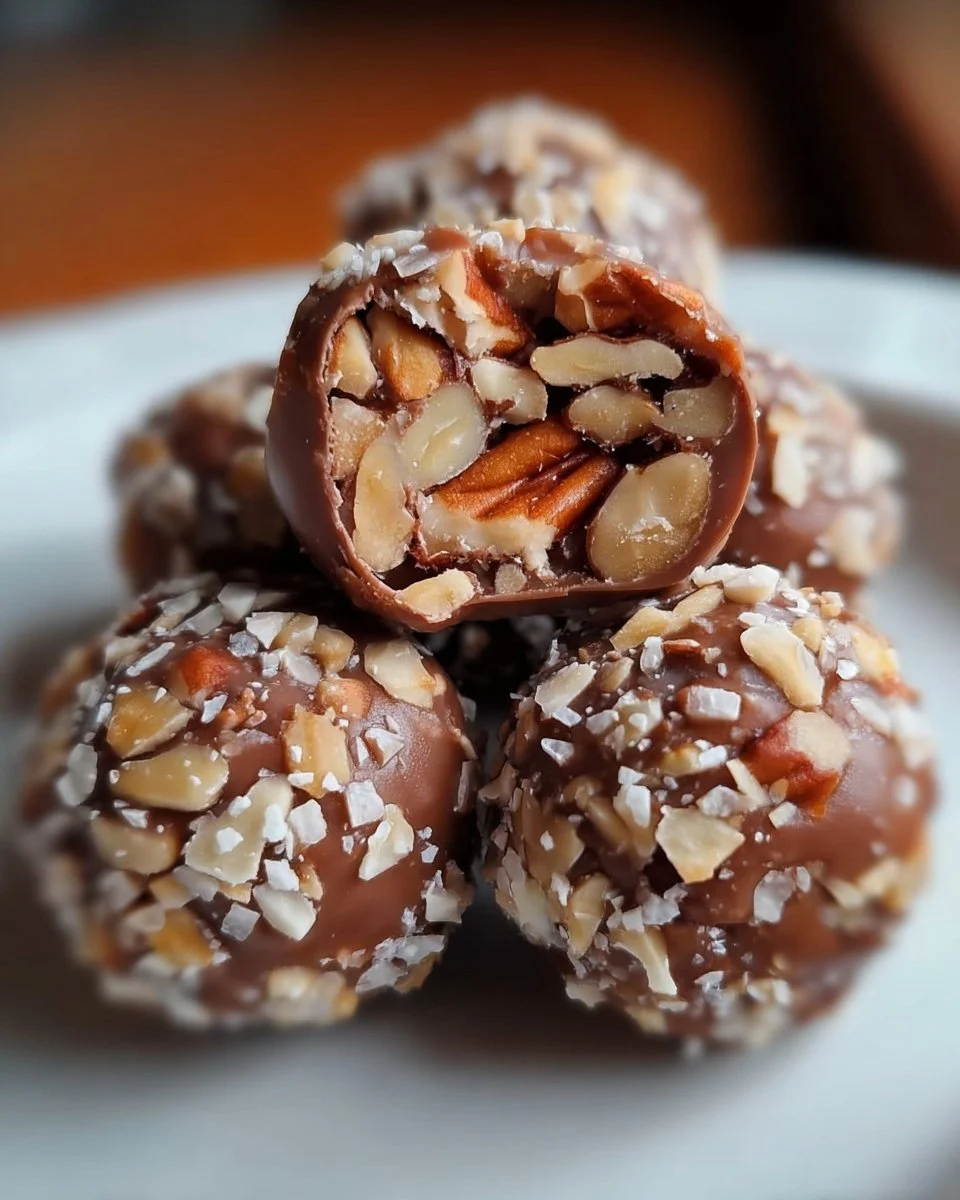 Delicious no bake pecan pie balls on a white plate sprinkled with chopped pecans