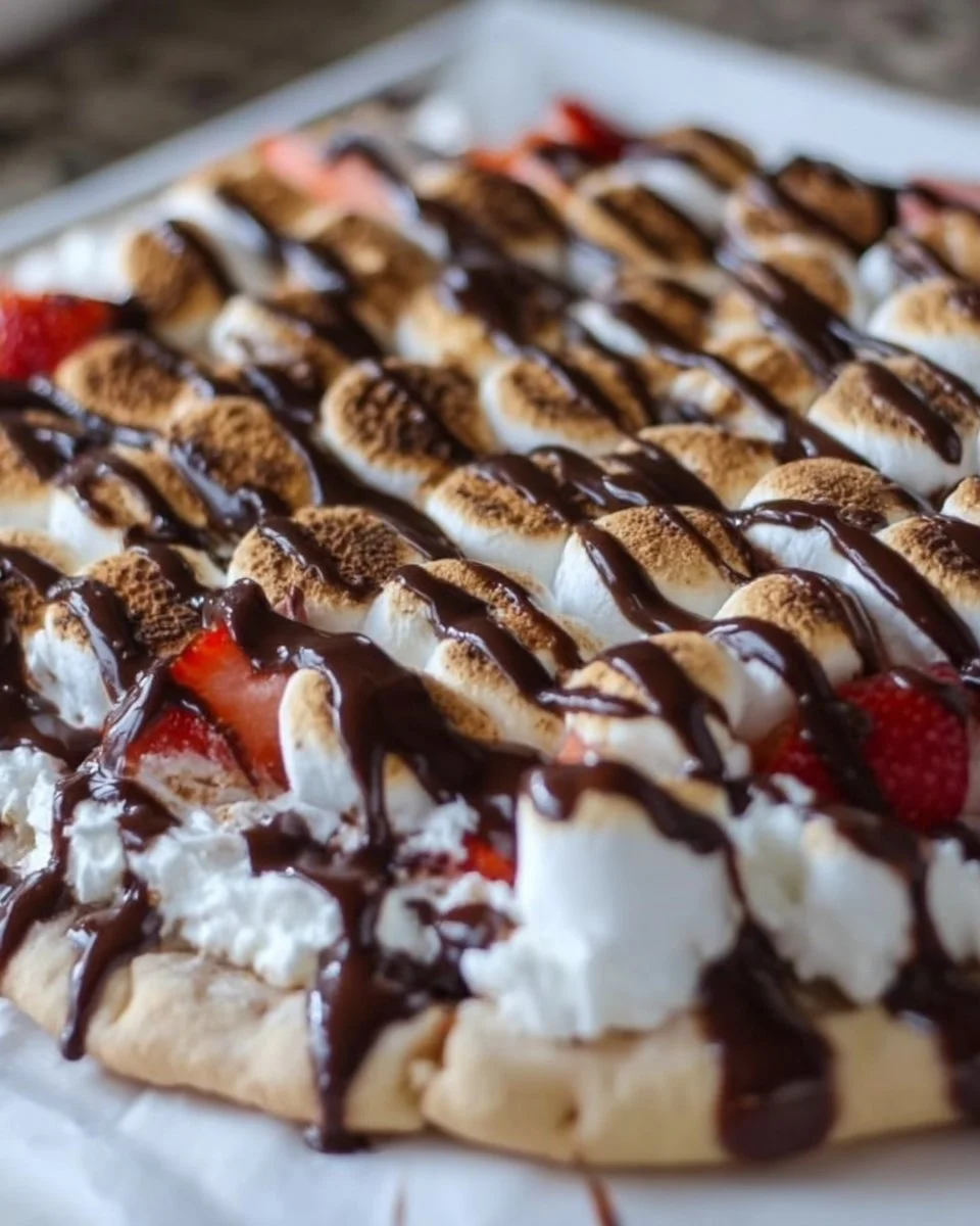 Nutella S'mores Dessert Pizza topped with chocolate, marshmallows, and graham crackers