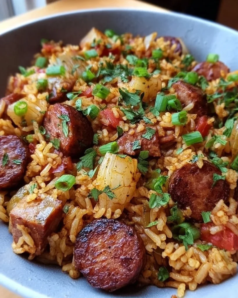 One-Pan Cajun Sausage and Rice Skillet dish featuring sausage, rice, and spices