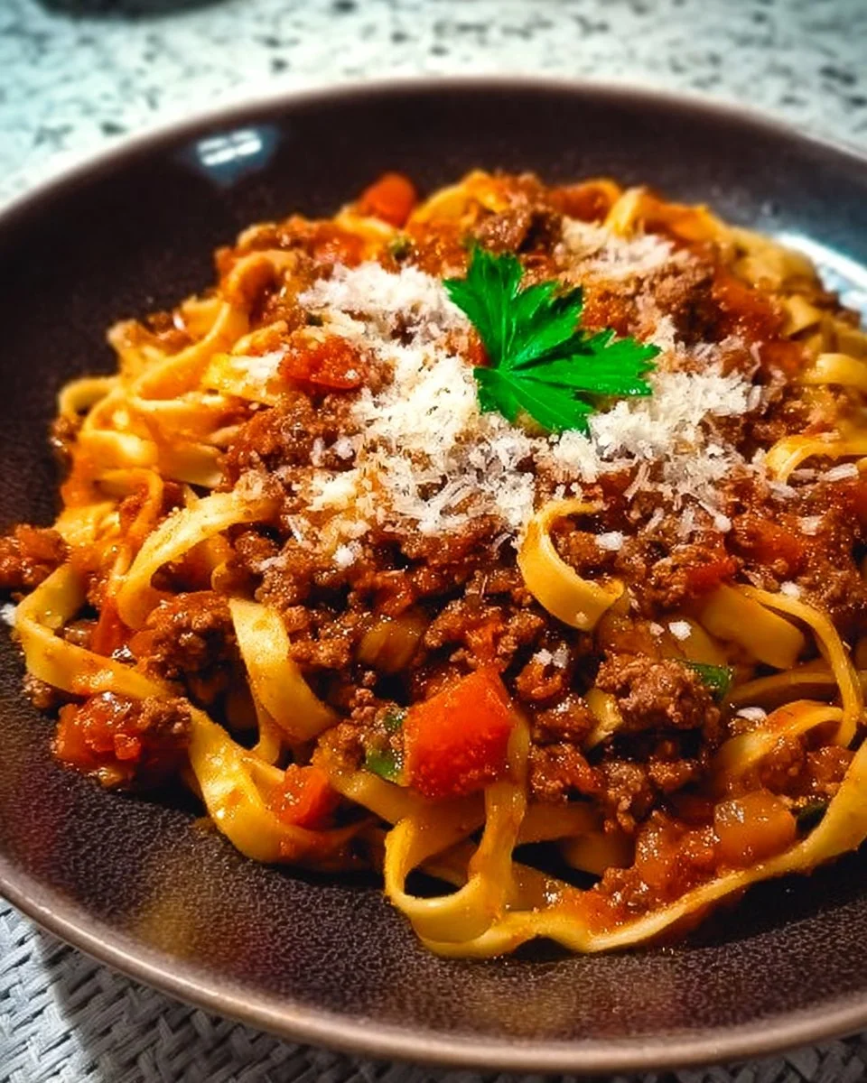One Pot Fettuccine with Halal Beef Bolognese dish garnished with herbs.