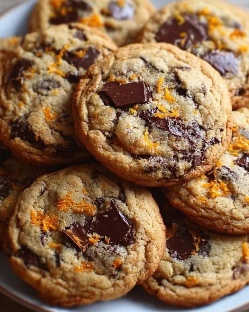 Freshly baked orange dark chocolate chunk cookies on a cooling rack.