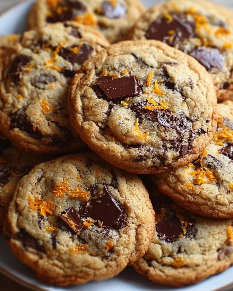 Freshly baked orange dark chocolate chunk cookies on a cooling rack.