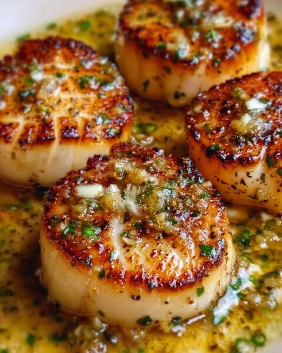 Pan-seared scallops cooked in garlic butter, served on a plate.