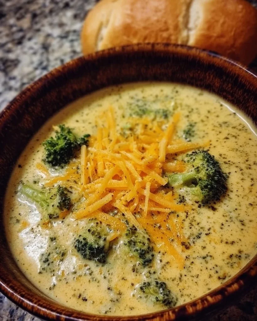 Creamy Panera-style Broccoli Cheddar Soup in a bowl with fresh bread