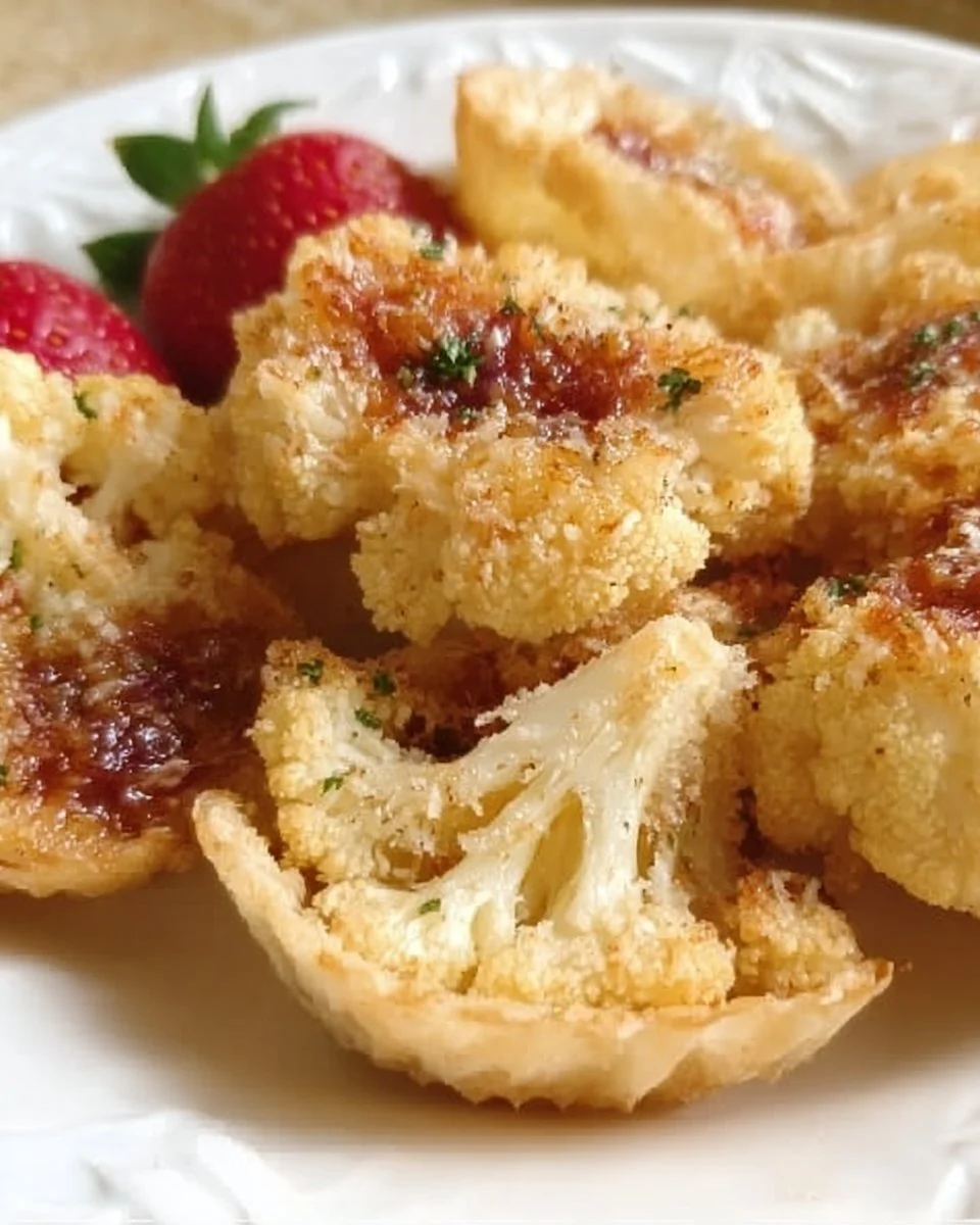 Bowl of Parmesan Roasted Cauliflower garnished with fresh herbs.