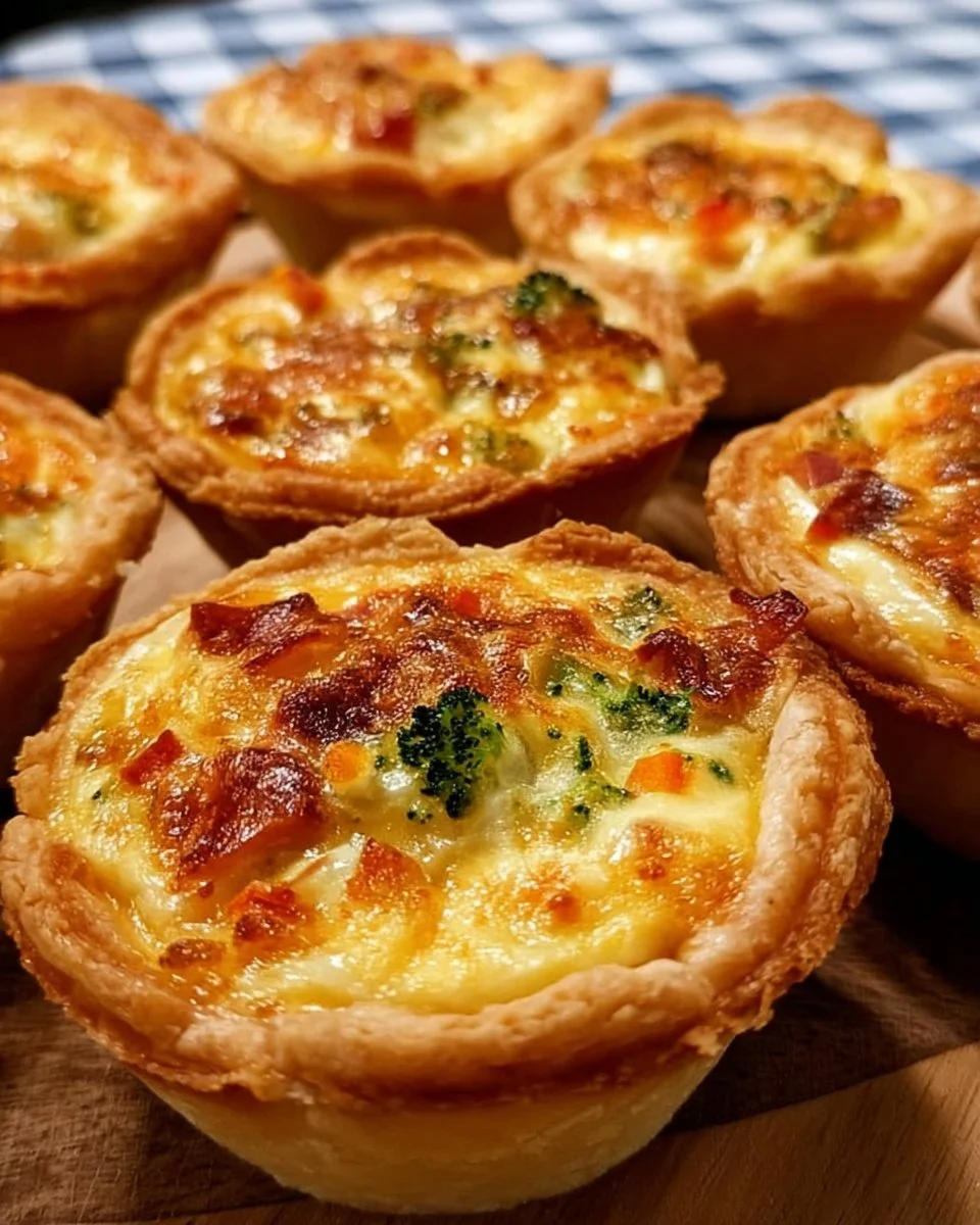 Mini veggie quiche arranged on a platter for a party.