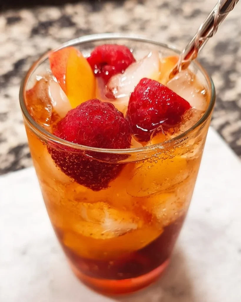 Peach Raspberry Sparkling Iced Tea in a glass with fresh fruit garnishes.