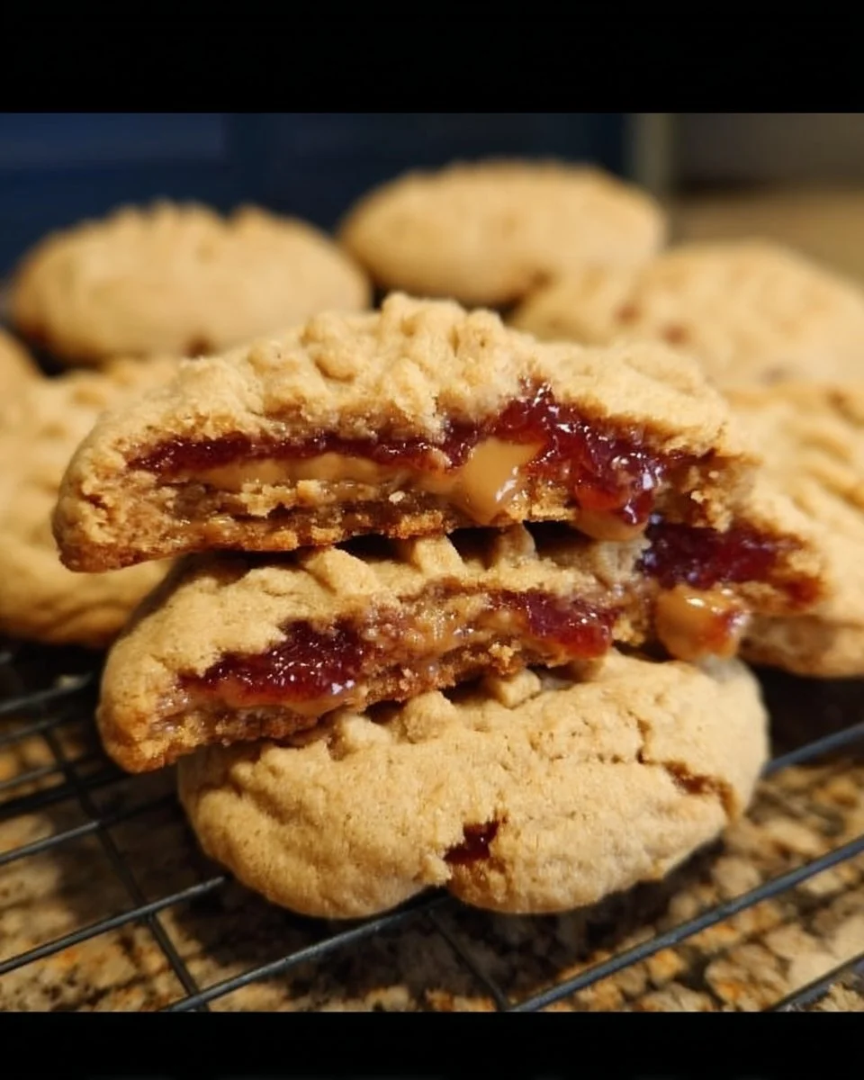 A plate of freshly baked peanut butter jelly cookies with vibrant jelly filling.