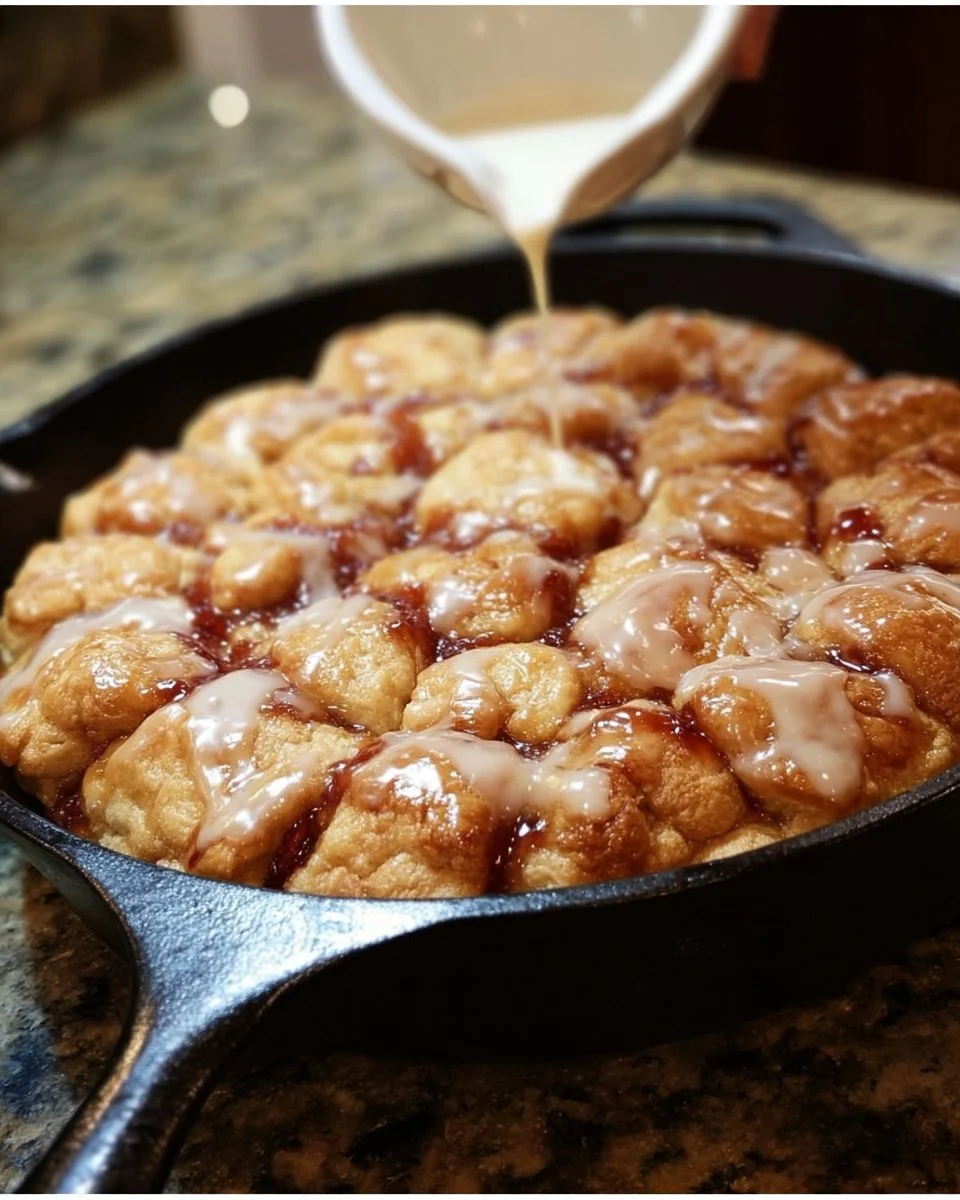 Peanut Butter and Jelly Skillet Monkey Bread topped with melted peanut butter and jelly