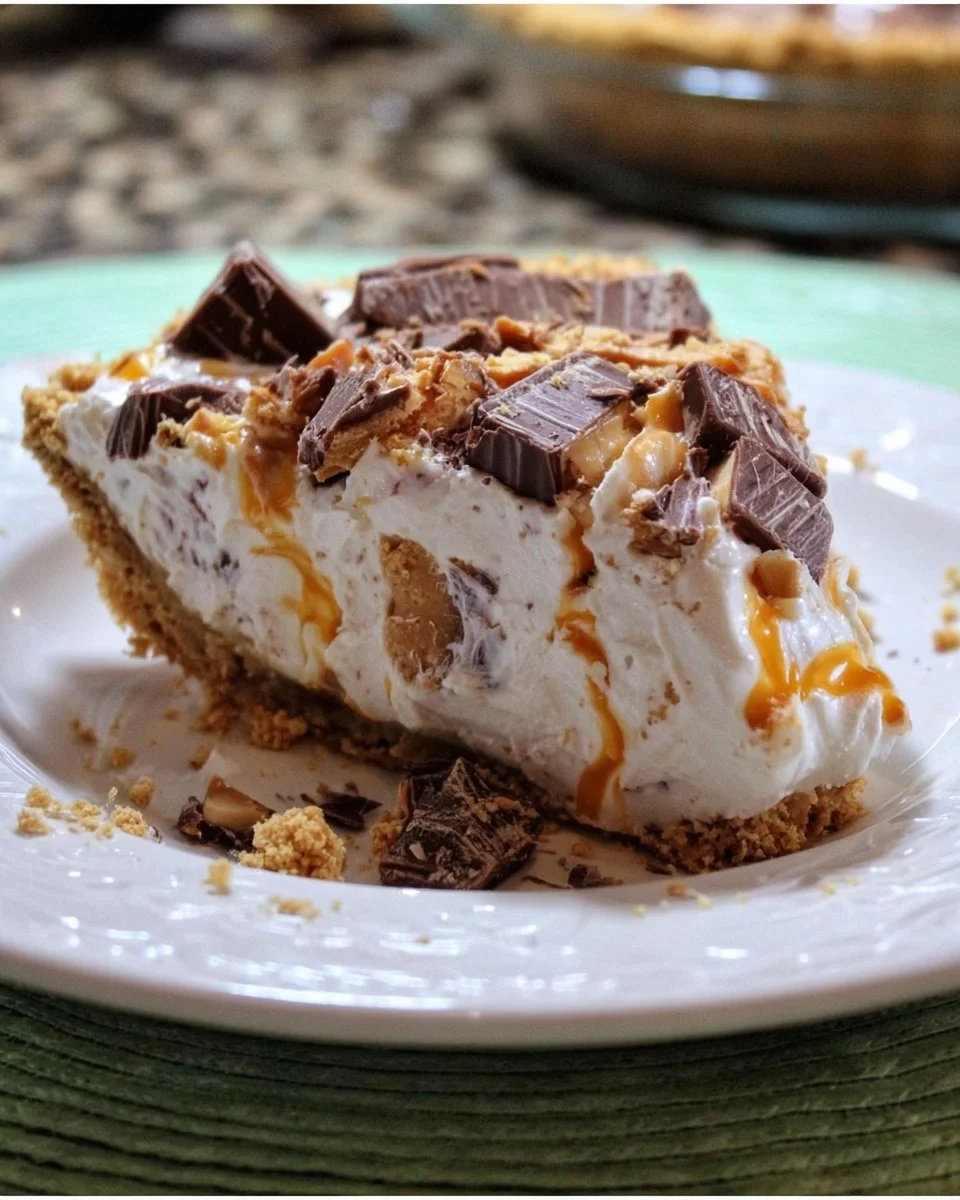 Delicious Peanut Butter Butterfinger Cream Cheese Pie slice on a plate
