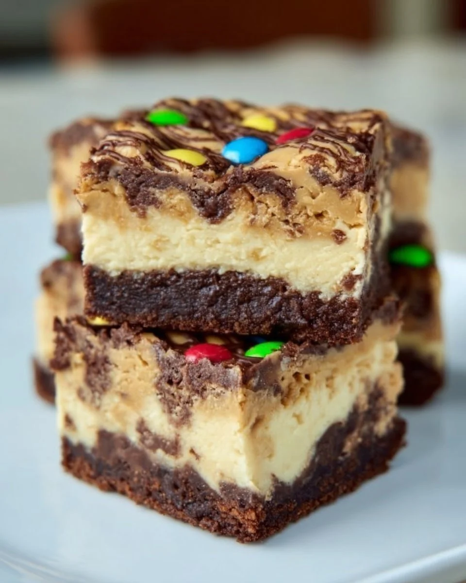 Peanut butter cheesecake brownies with a creamy topping and chocolate drizzle