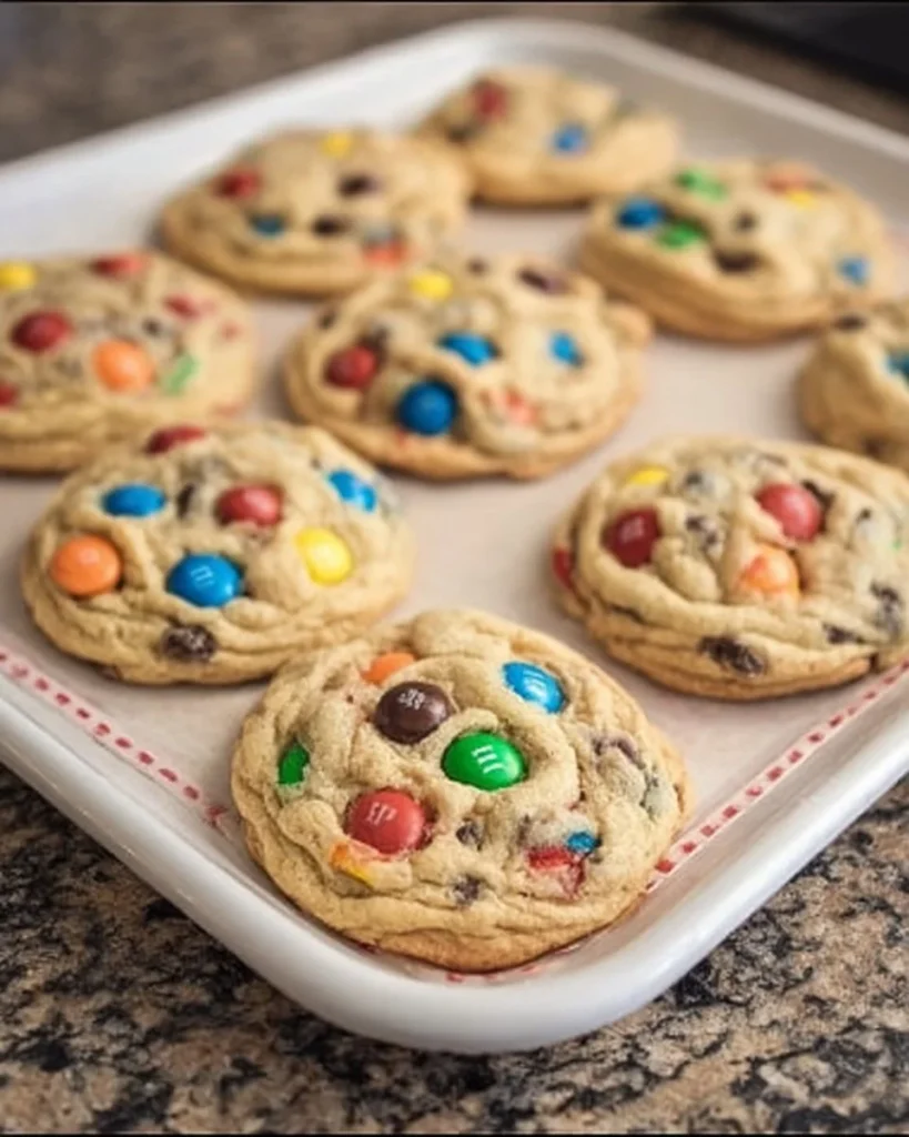 Batch of perfectly baked M&M cookies with colorful chocolate candies