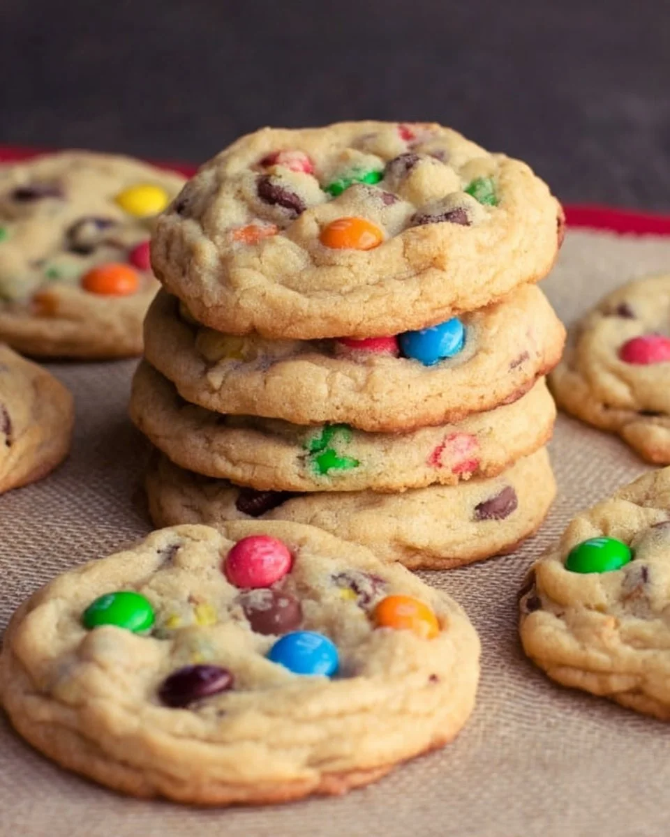 Freshly baked perfect M&M cookies with colorful chocolate candies