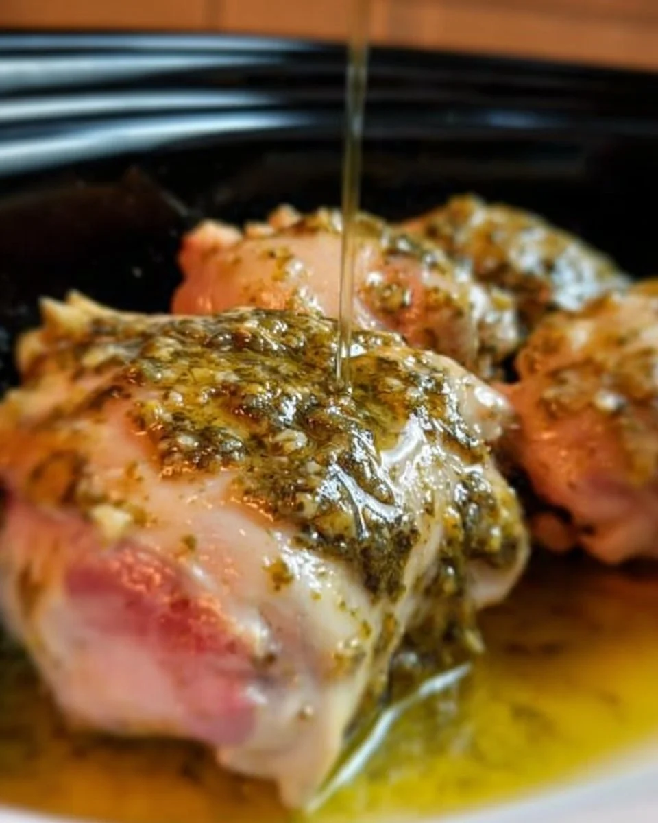 Pesto Ranch Chicken Thighs cooked in a crock pot, garnished with fresh herbs