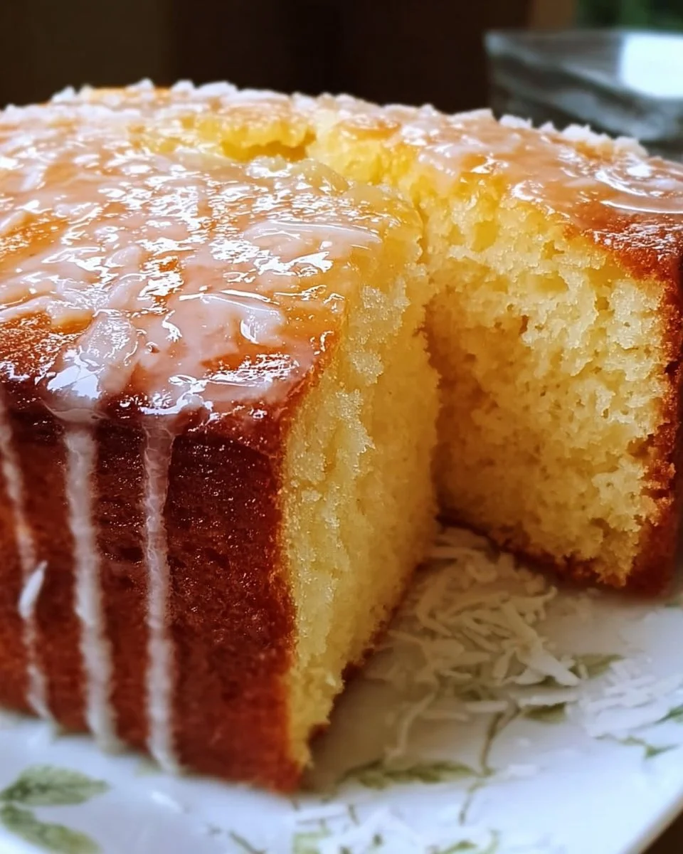 Delicious Pineapple Coconut Pound Cake served on a wooden table.
