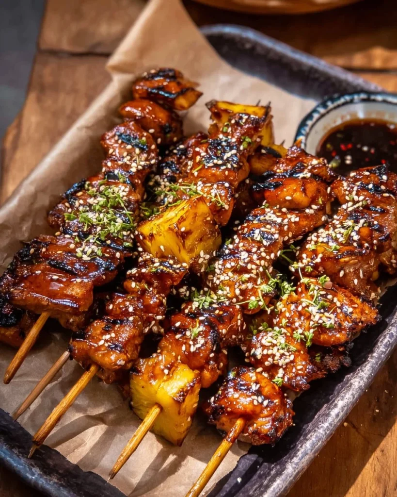 Pineapple soy garlic chicken skewers ready to grill