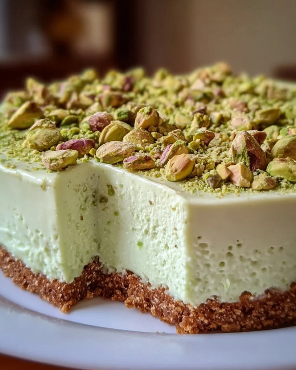 No-bake pistachio cheesecake topped with crushed pistachios