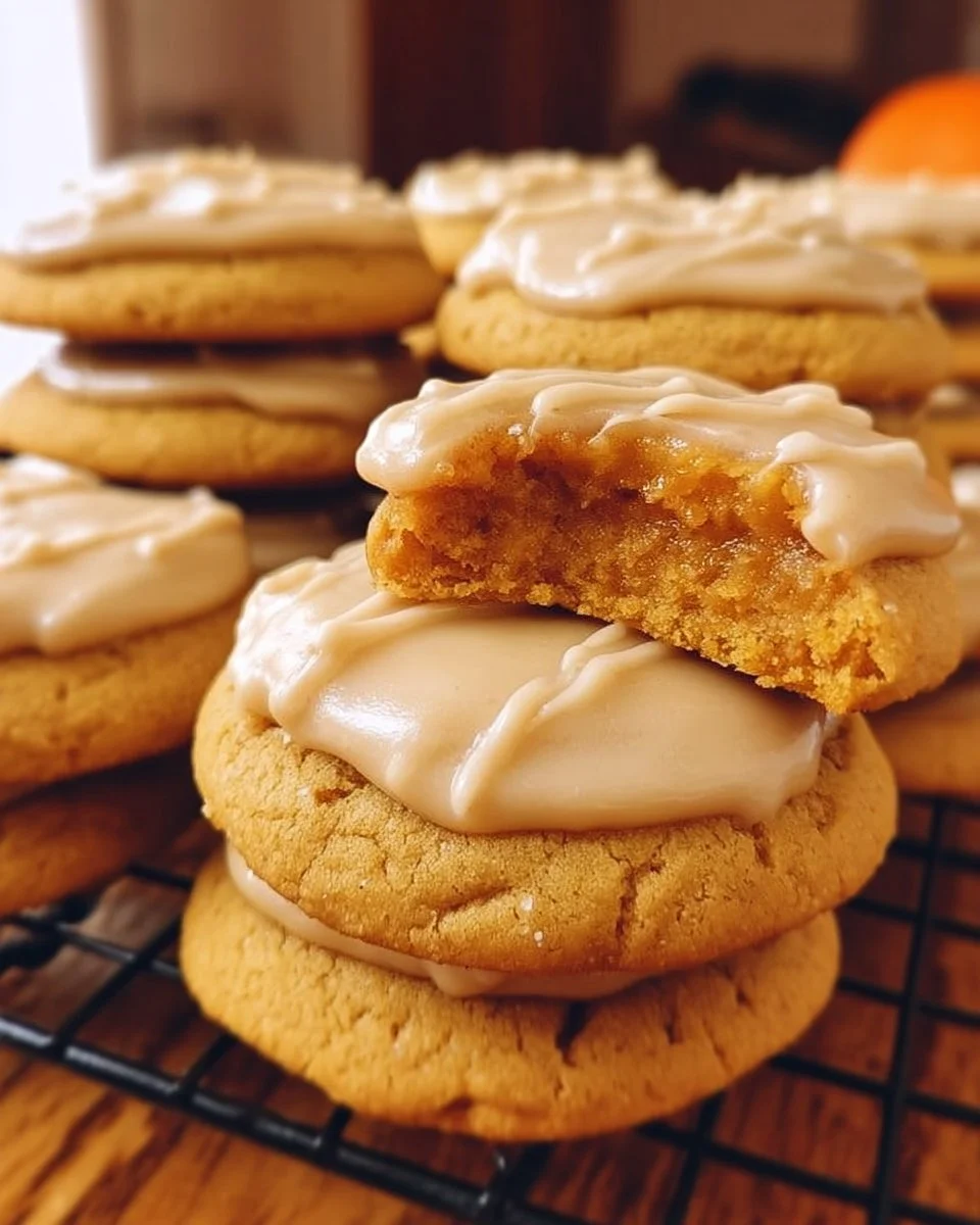 Delicious pumpkin cookies with brown butter frosting on a wooden table