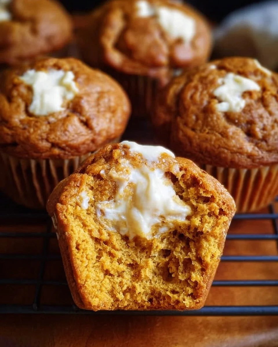 Pumpkin cream cheese muffins fresh out of the oven, topped with a sprinkle of cinnamon.