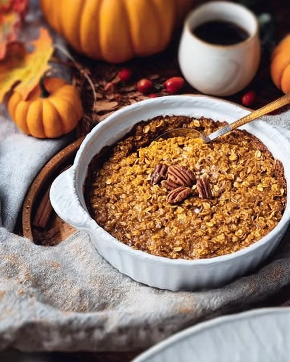 Bowl of pumpkin pie baked oatmeal topped with whipped cream and cinnamon.