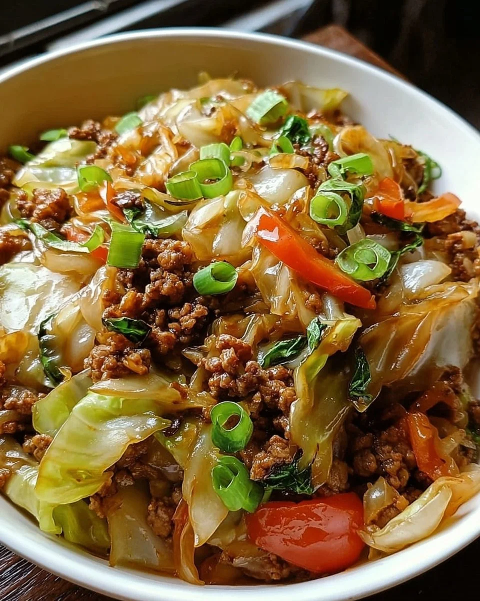 Quick Asian-style ground beef stir fry with cabbage served in a bowl