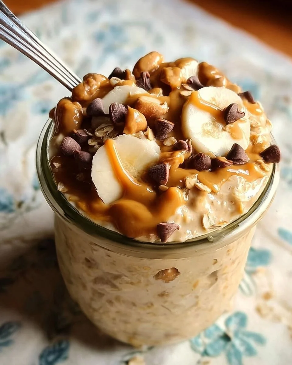 Bowl of peanut butter overnight oats topped with banana slices and nuts