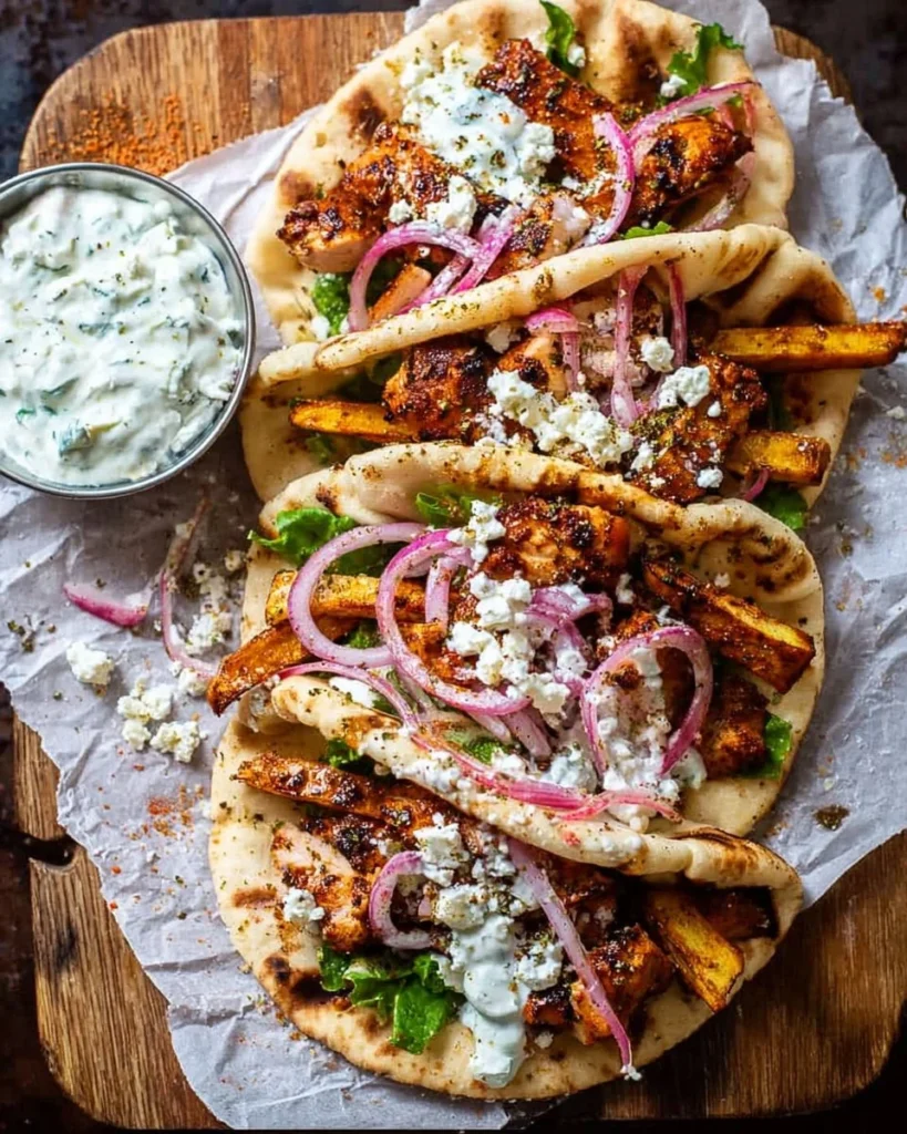 Quick sheet pan chicken gyros with feta tzatziki on a serving platter