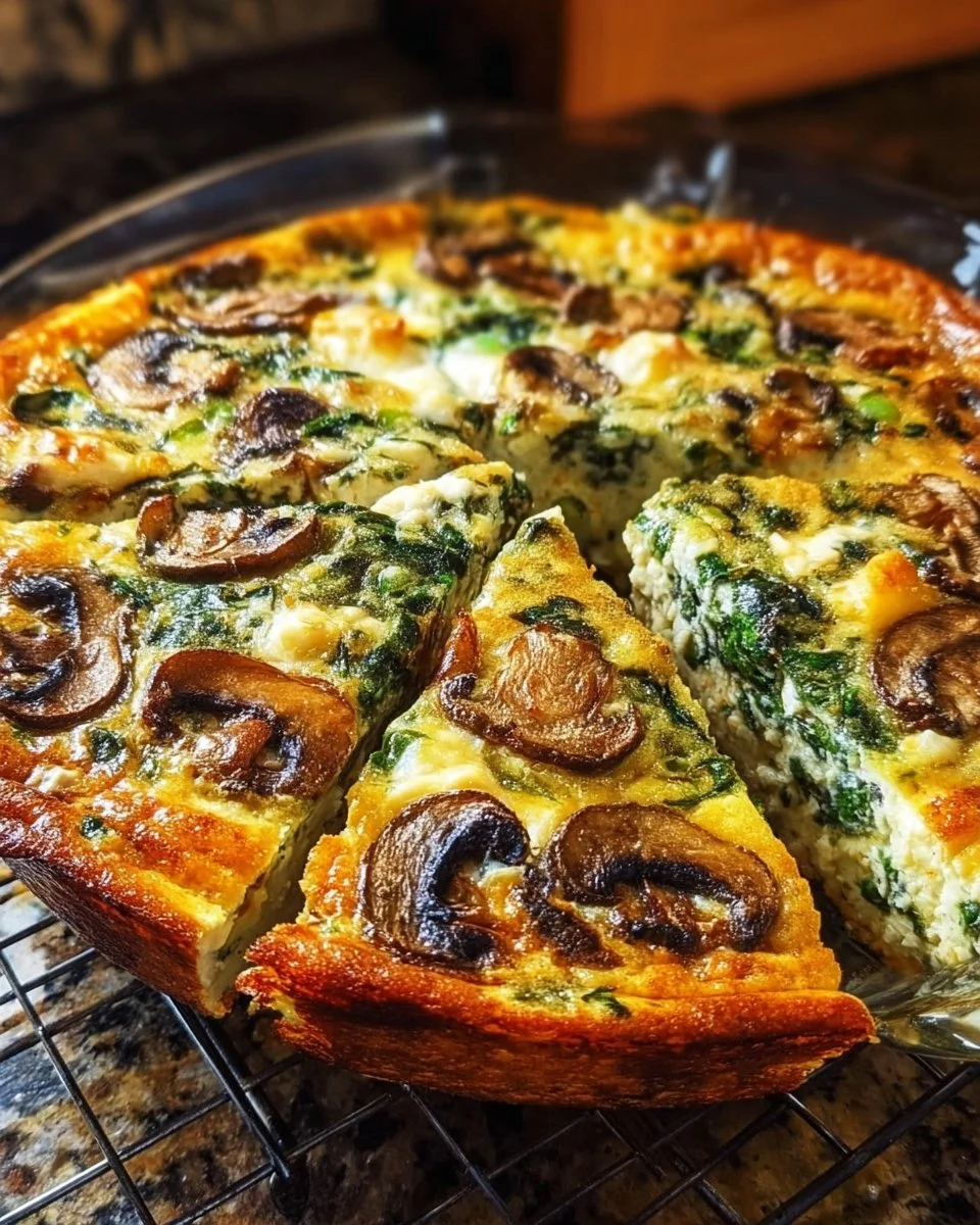 Delicious quick spinach mushroom crustless quiche served on a plate