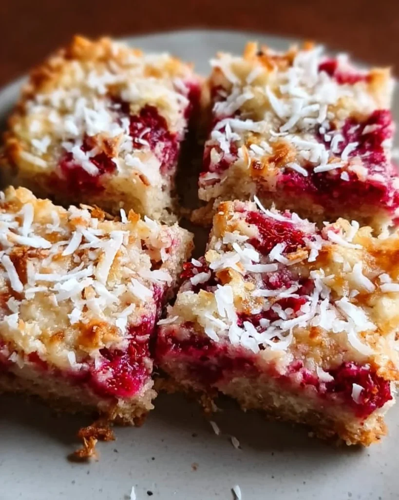 Delicious Raspberry Coconut Magic Bars with a layer of coconut and raspberry filling.