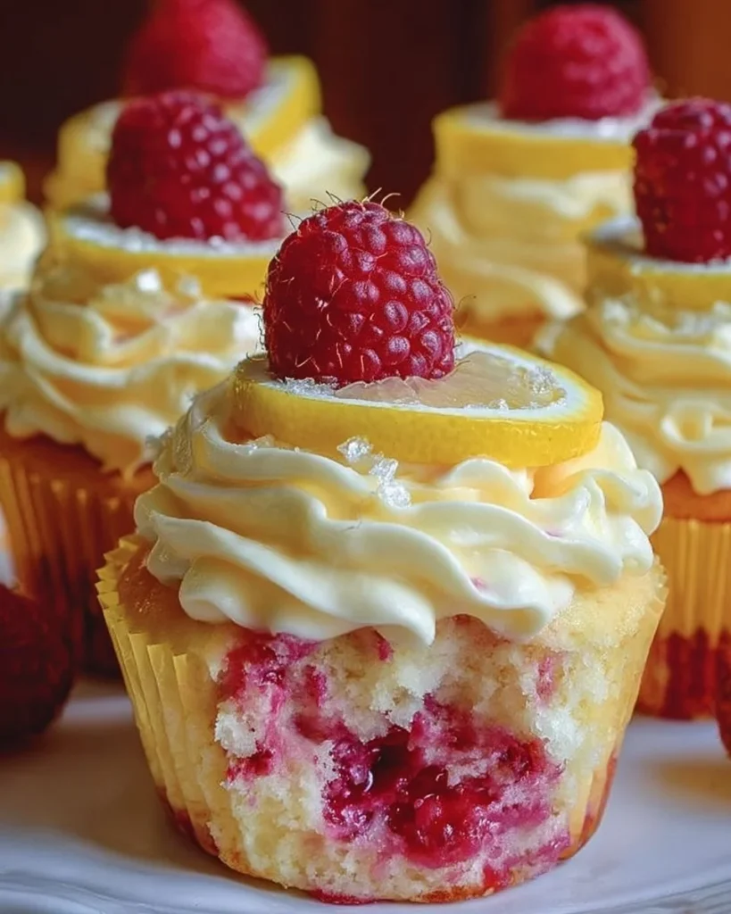 Delicious Raspberry Lemon Heaven Cupcakes topped with fresh raspberries and lemon zest.