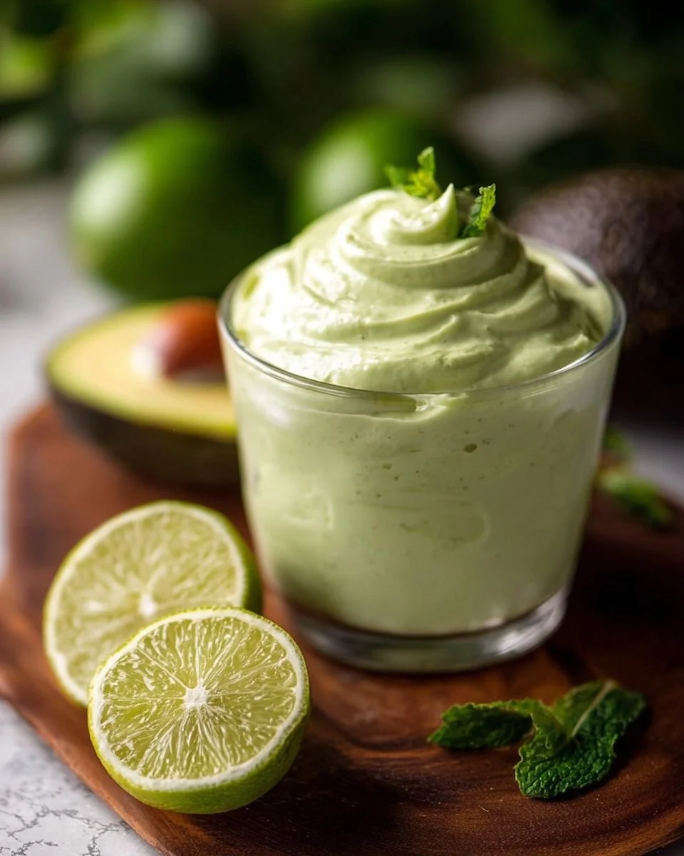 Healthy raw avocado lime mousse served in a bowl with lime slices.