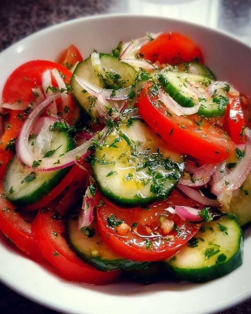 Fresh cucumber tomato salad with vibrant vegetables in a bowl