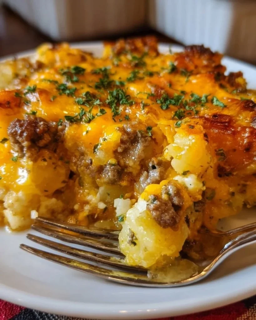 Delicious rich cheesy hamburger potato casserole baked to perfection