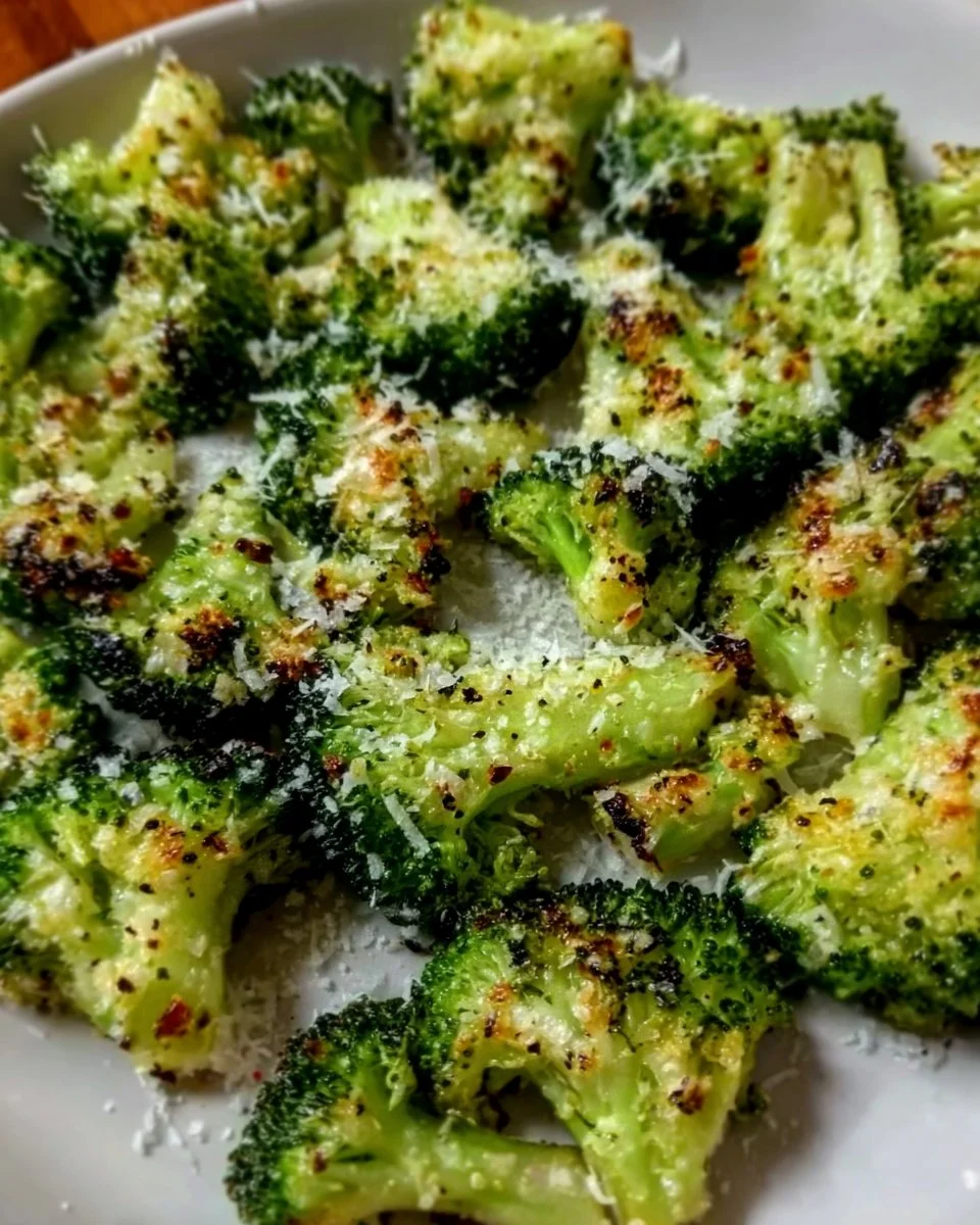 Plate of roasted broccoli with garlic and Parmesan cheese garnished