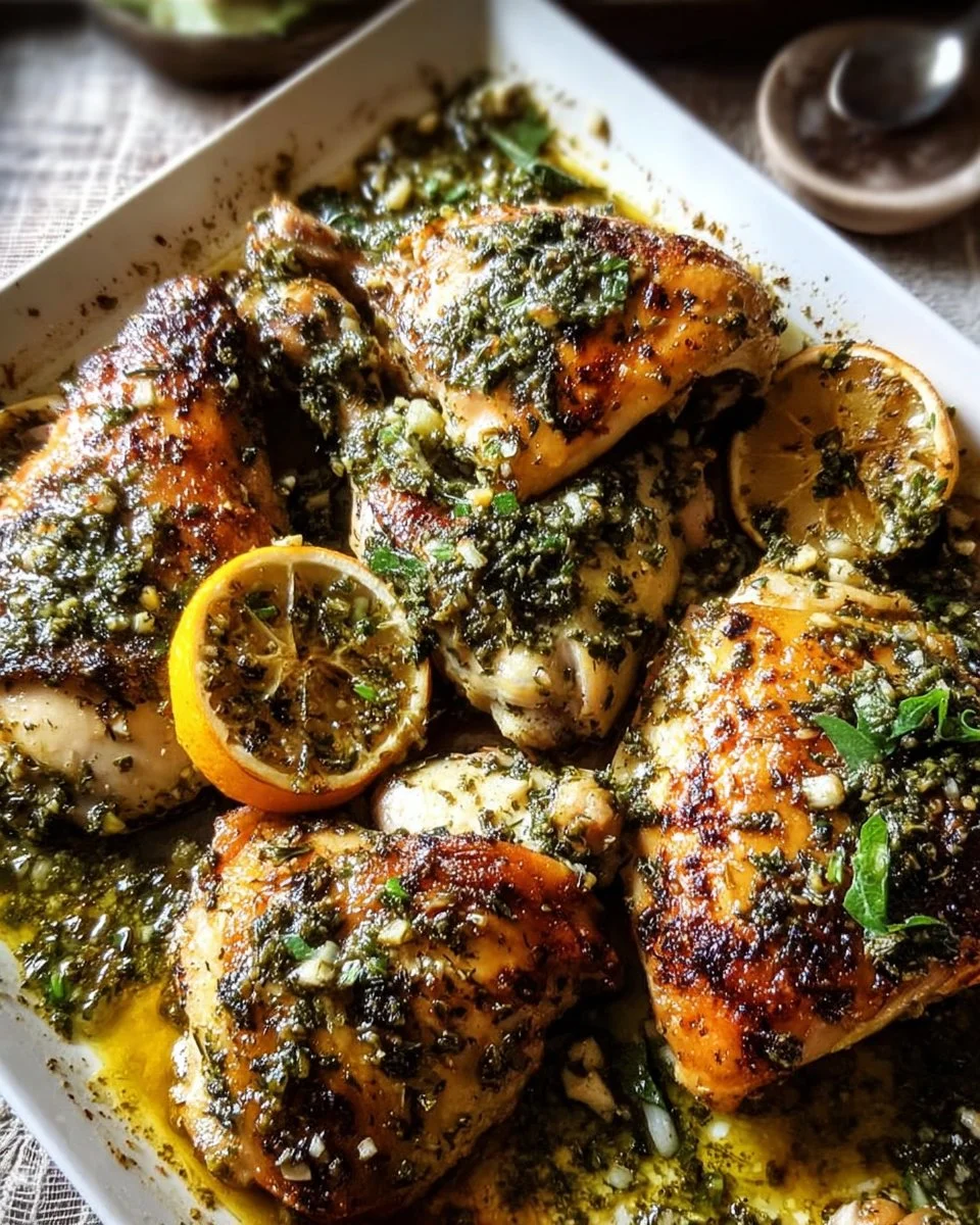 Juicy roasted garlic butter chicken with lemon olive dressing on a plate.