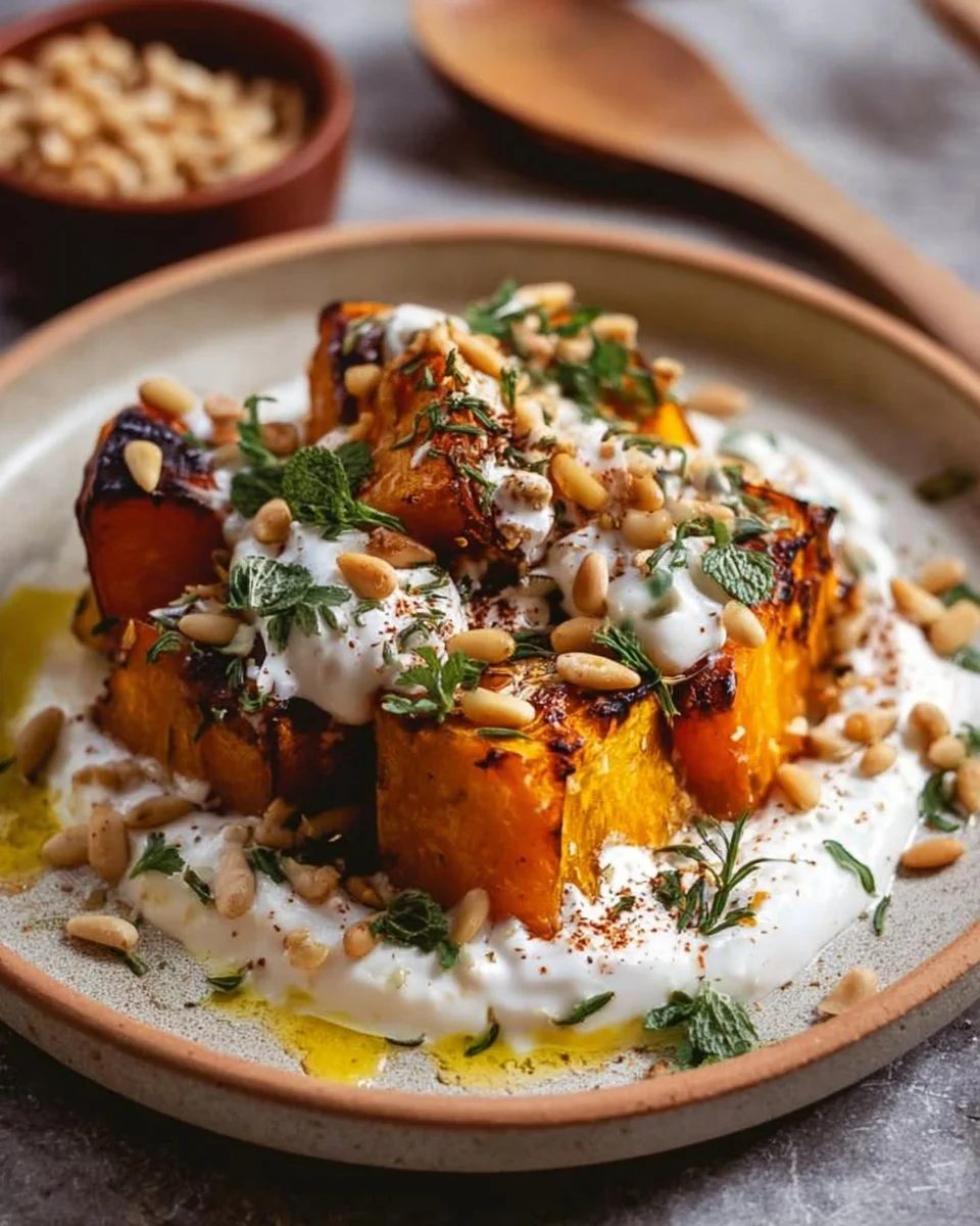 Roasted pumpkin topped with yogurt sauce and pine nuts in a bright dish.