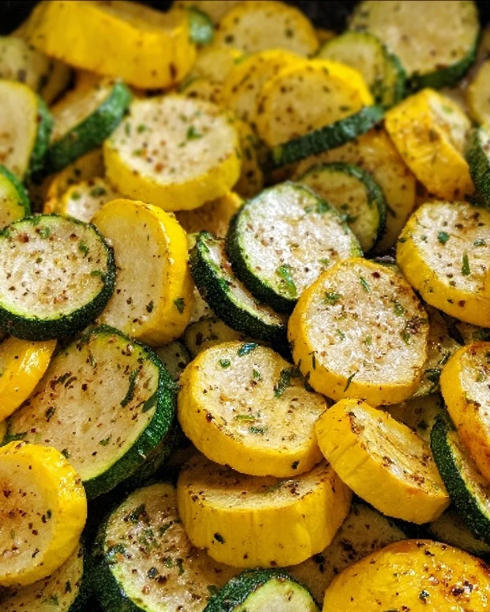 Plate of roasted zucchini and yellow squash garnished with herbs.