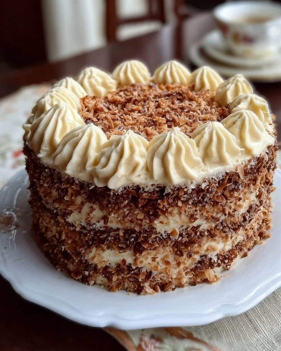 Delicious Russian Korolevsky Cake topped with cream and berries.