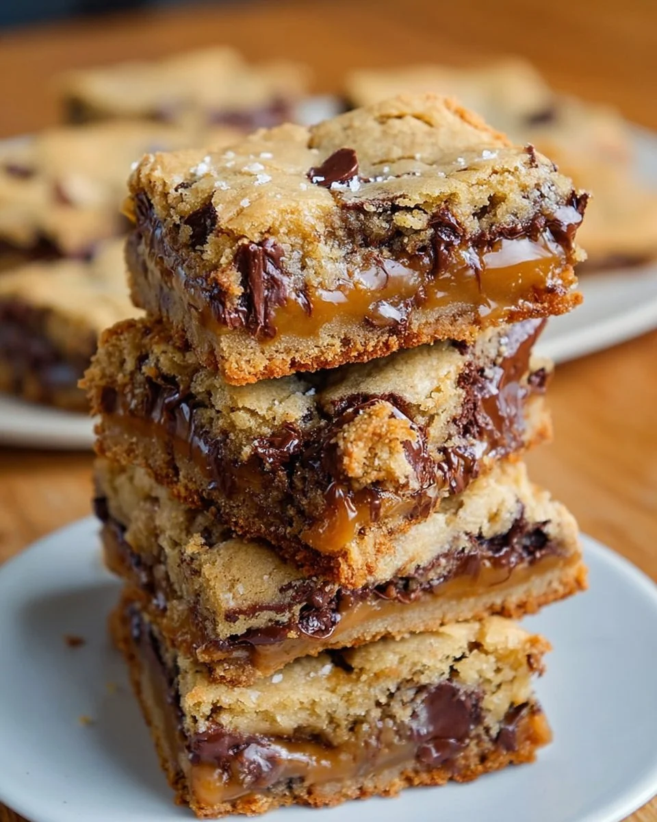 Salted caramel chocolate chip cookie bars ready to be enjoyed.