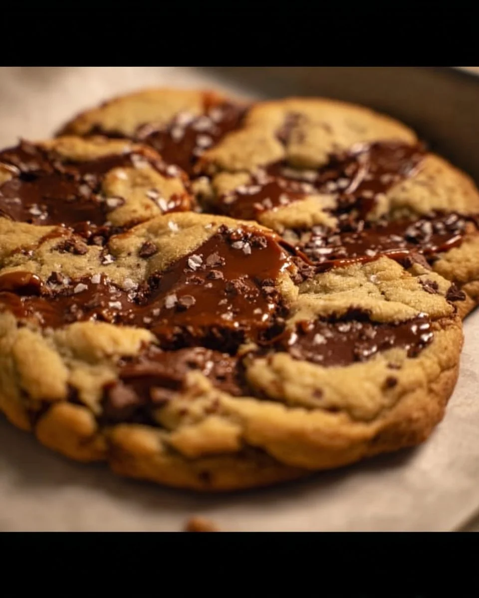 Batch of salted caramel chocolate chunk cookies on a baking sheet.